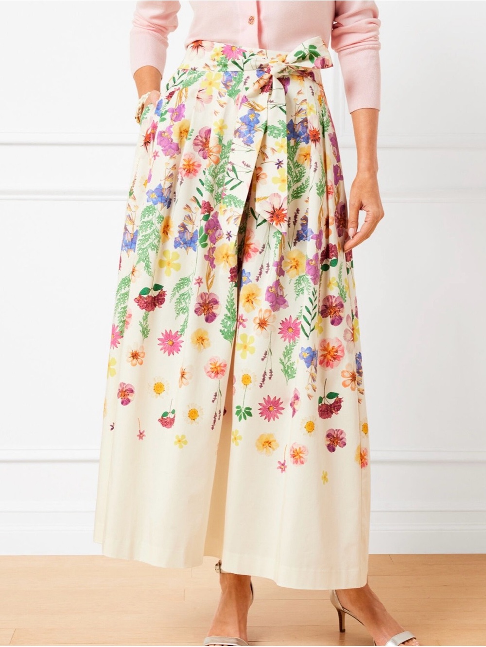 NWT Talbots Cream Floral Piper Patio Skirt with tie waist, 16 Plus Petite - 16WP